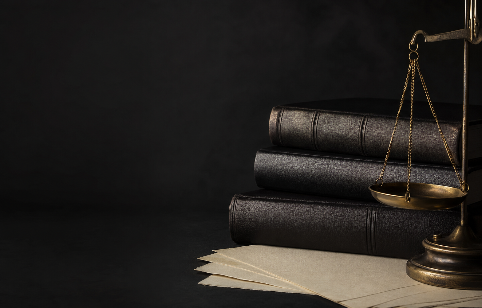 Livros jurídicos e balança em composição institucional